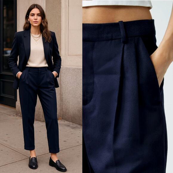 NEW! Nili Lotan 10 Slouchy Wool $575 Montana Dress Pants Pleated Crop Navy Blue - Picture 1 of 10